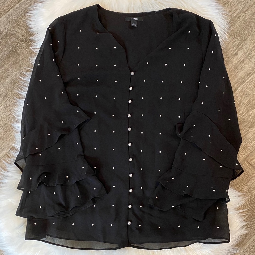 Alfani Pearl Embellished Button Down Ruffle Blouse